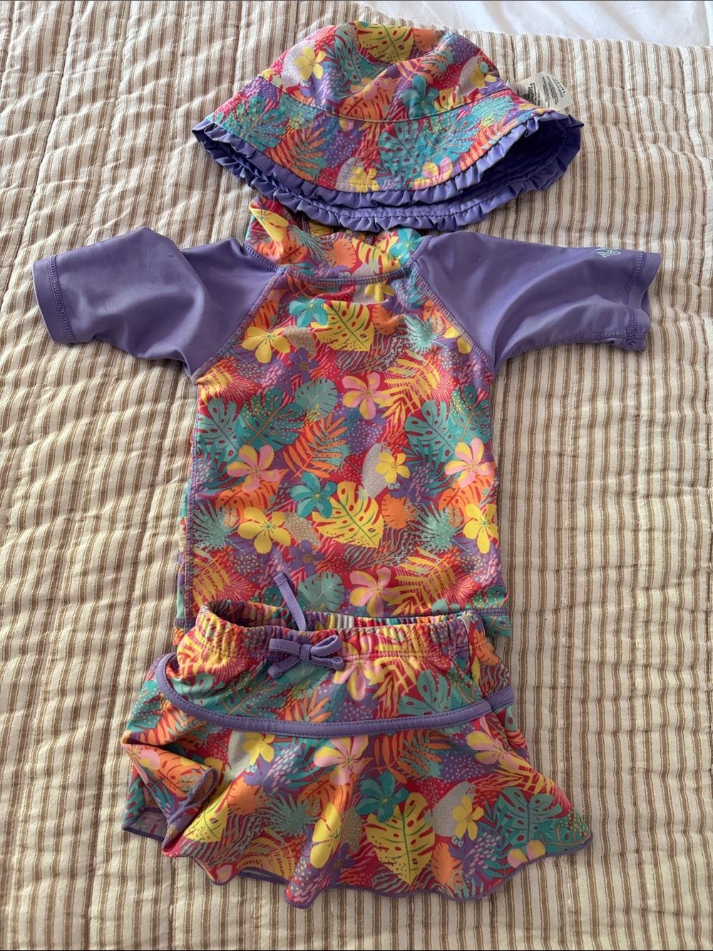 Purple Tropical Floral Girls Rashguard Swim Set with Hat